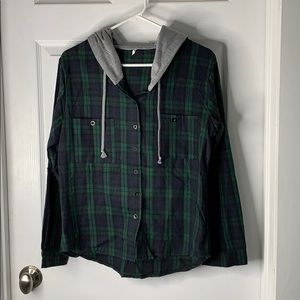 Shein Green and Blue plaid shirt with grey hood XL
